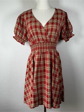 Unique Vintage Red Plaid Smocked Waist Puff Sleeve cottagecore Midi Dress Large
